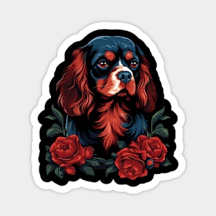 King Charles Spaniel with red roses illustration Magnet