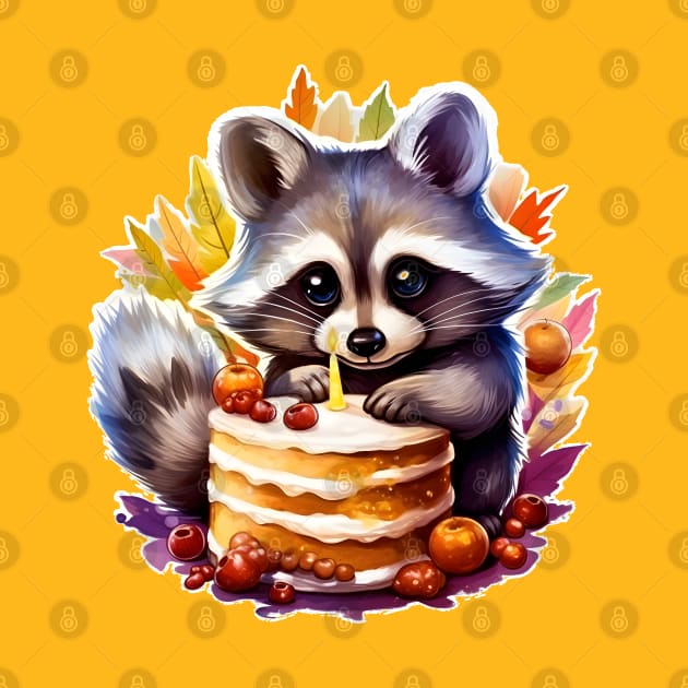 Fall Happy birthday Raccoon with a birthday cake by beangeerie