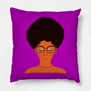 Woman with Afro, Glasses and Coral Beaded Jewelry (Purple Background) Pillow