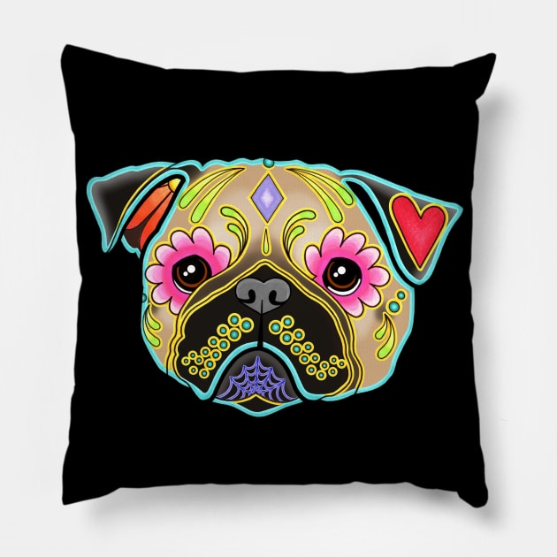 Pug in Fawn - Day of the Dead Sugar Skull Dog Pillow by prettyinink