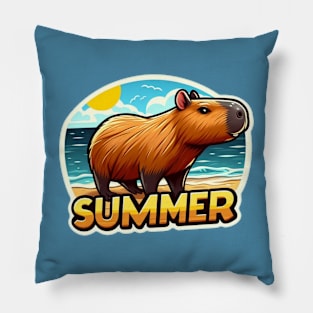 Cute summer capybara on the beach Pillow