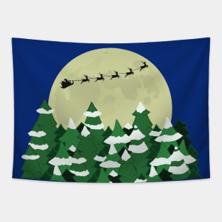 Santa Sleigh Over Rustic Christmas Trees and Full Moon 2 Tapestry