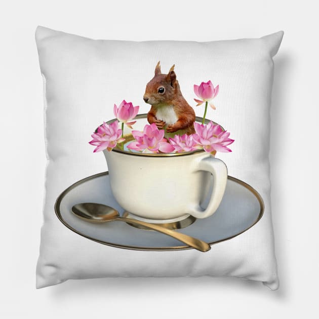 Squirrel Coffee cup Lotos Flower Pillow by Move-Art