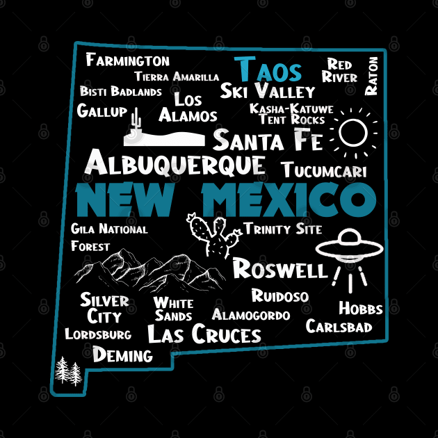 Cute map of Taos New Mexico Albuquerque Santa Fe Los Alamos, Roswell Las Cruces Deming Carlsbad Hobbs Silver City by BoogieCreates