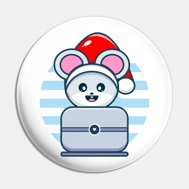 Cute Mouse Rats Character with santa hat Playing Personal Computer Pin by MrnCreative