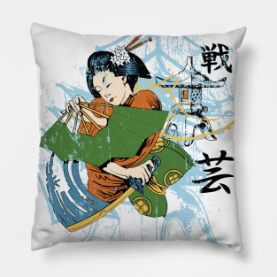 Geisha with hand fan and sword Pillow