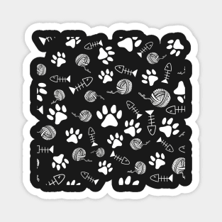 Cat Paw Print, Fish Bones, Ball of Yarn Pattern - White on Black Version Magnet