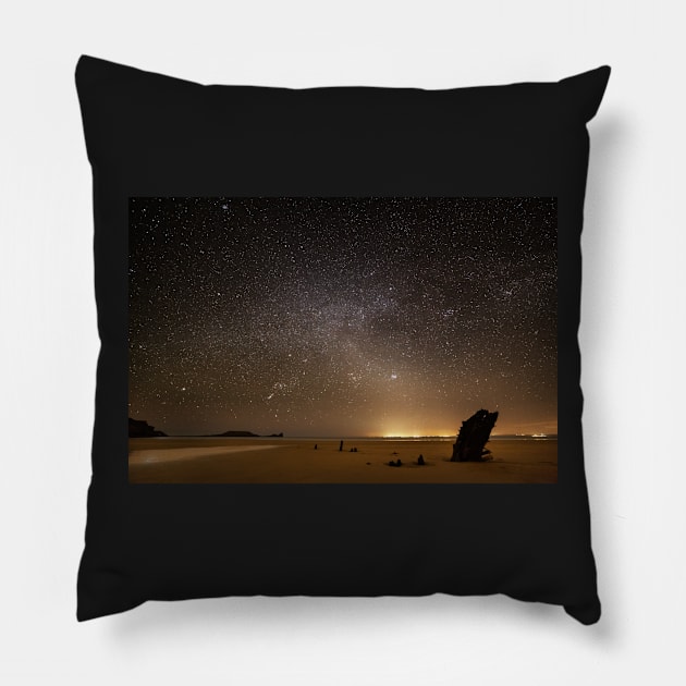 Helvetia Wreck and Worms Head, Rhossili Bay Pillow by dasantillo