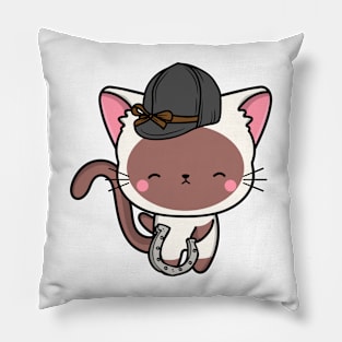 Funny white cat is ready to ride a horse Pillow