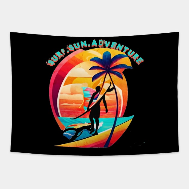 Surf Sun Adventure, Hello Summer Vintage Funny Surfer Riding Surf Surfing Lover Gifts Tapestry by Customo