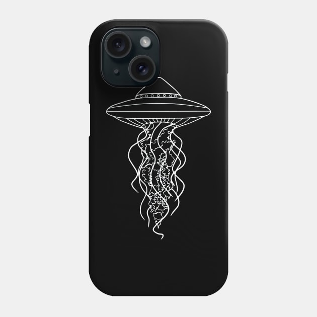 UFO Jellyfish White Line Drawing on Black Phone Case by Ciara Shortall Art