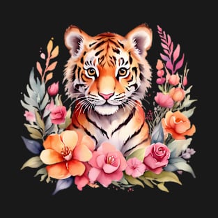 A baby tiger decorated with beautiful watercolor flowers T-Shirt