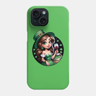 Pretty Irish Girl in green with shamrocks and a glass of wine Phone Case