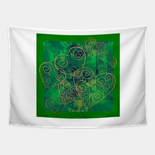 Golden Filigree Hearts on Green Abstract Tapestry