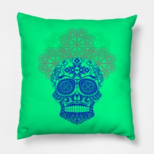 blue skull calavera ecopop pattern Pillow