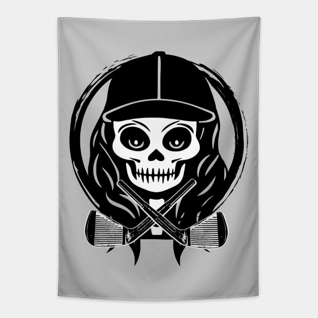 Female Golfer Skull and Golf Clubs Black Logo Tapestry by Nuletto