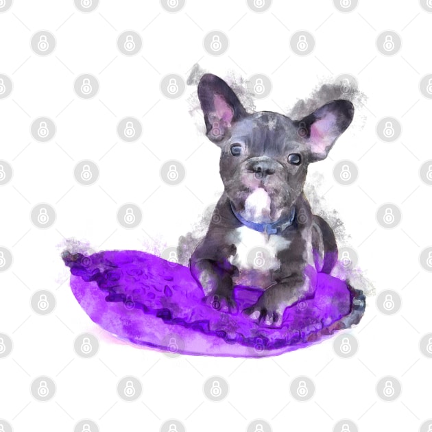 Cute Black And White Bulldog Puppy On A Purple Cusion Digital Portrait by NeavesPhoto