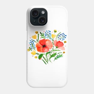 Watercolor poppies bouquet - red and green Phone Case