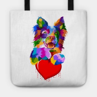 Colorful Dog Hugging Dripping Heart. Tote