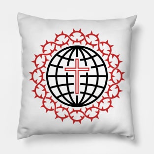 Cross and globe of the world framed by a crown of thorns. Pillow