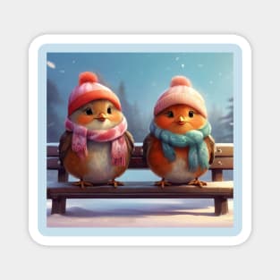 Winter Whimsy: Adorable Robins on Snowy Bench Magnet