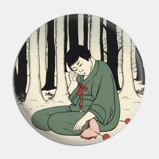 Anime style man sitting in forest Pin