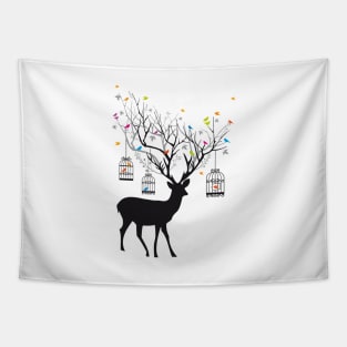 Deer with birds and birdcages Tapestry