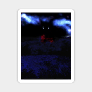 Digital collage and special processing. I am standing in field, and big, dark monster looking on me. Dark blue and red. Magnet