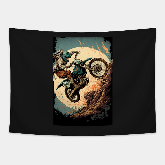 Dirt bike rider with moon Tapestry by KoolArtDistrict