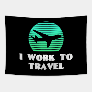 I WORK TO TRAVEL Retro Vintage Sunset Bright Green Flying Plane Tapestry