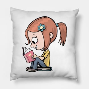 little girl sits on a book and reads enthusiastically Pillow