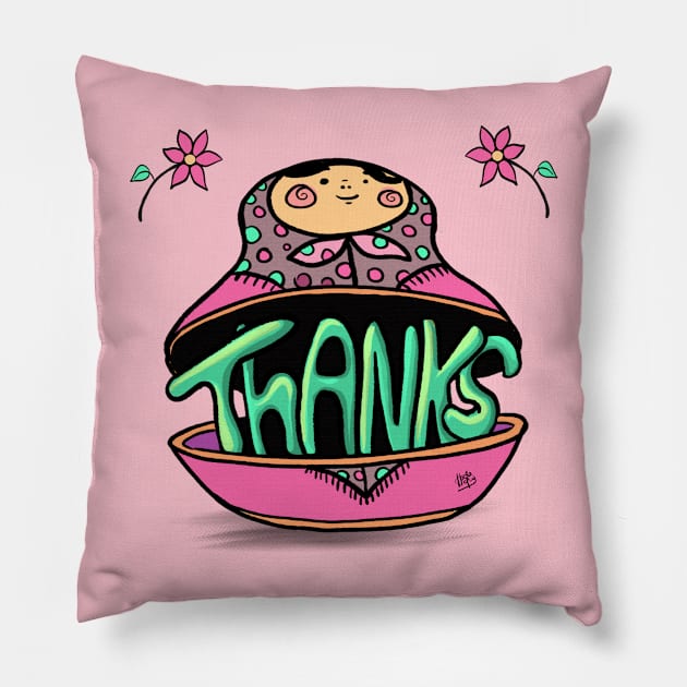 Thanks Russian Doll Pillow by Hoda Hefzy 