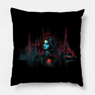 Paris Cyber Siren A Cyberpunk Cityscape with a Cyborg Woman Pillow