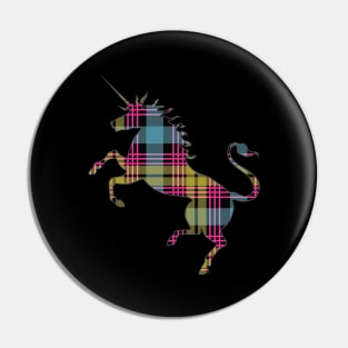 Scottish Pink, Blue and Yellow Tartan Rearing Unicorn Silhouette Pin