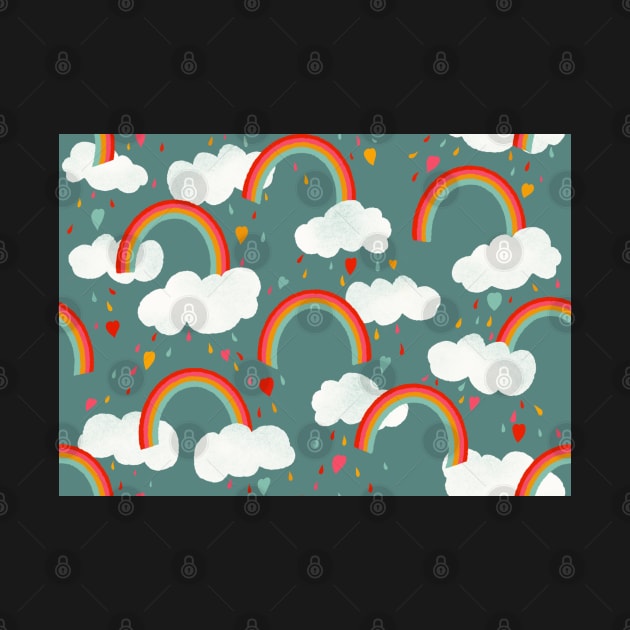 Clouds, rainbows and love hearts on a pink background by NattyDesigns