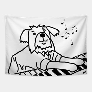 Funny Dog Plays Music on Piano Keyboard Line Drawing Tapestry