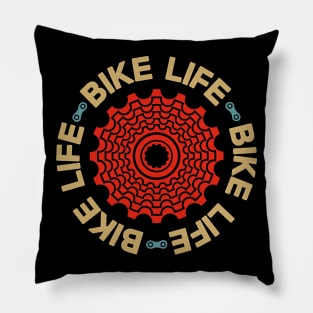 Red bicycle cassette with Bike Life legend over black background Pillow