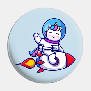 Cute Unicorn Astronaut Riding Rocket And Waving Hand  Cartoon Pin