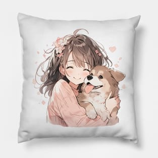 Cute Manga Girl Cuddling Puppy Pillow