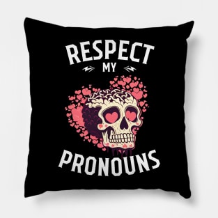 Respect my Pronouns, skull with pink hearts Pillow