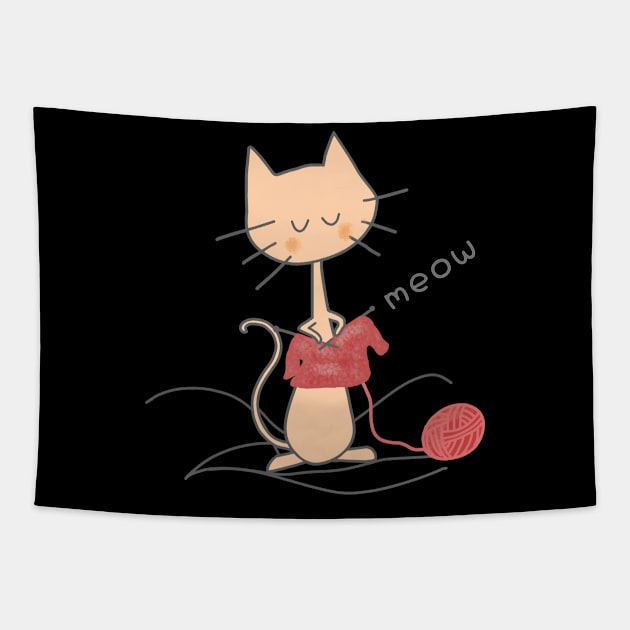 Orange Knitting Cat - Black Tapestry by Design Fern