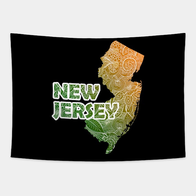 Colorful mandala art map of New Jersey with text in green and orange Tapestry by Happy Citizen