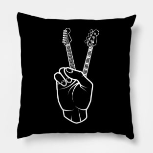 Guitar and Bass Outline Hand Peace Sign Dark Theme Pillow