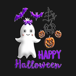 Pumpkin baby girl ghost Kawaii bat spider Happy Halloween violet orange black dots ribbon 3D tridimensional 317 T-Shirt