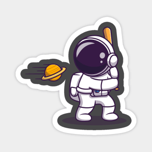 Cute Astronaut Hit Planet Ball With Baseball Stick Cartoon Magnet