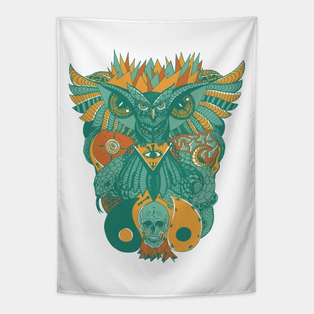 Mountain Green Owl And Ageless Skull Tapestry by kenallouis