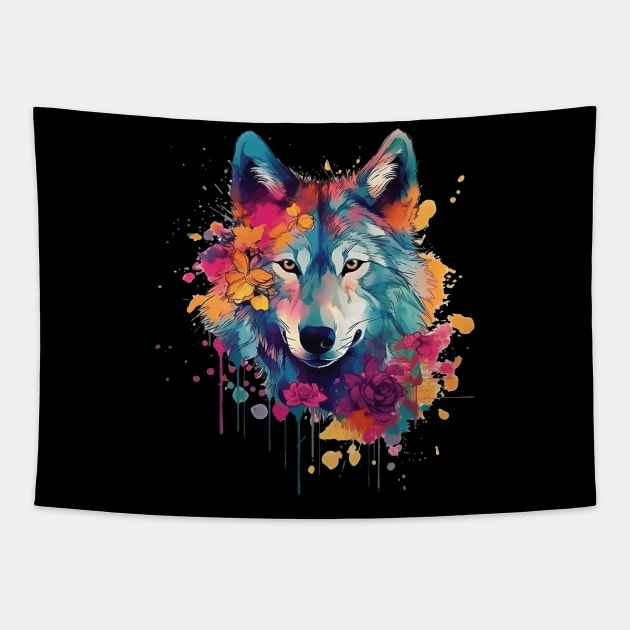 Colorful wolf with flowers Tapestry by WAADESIGN