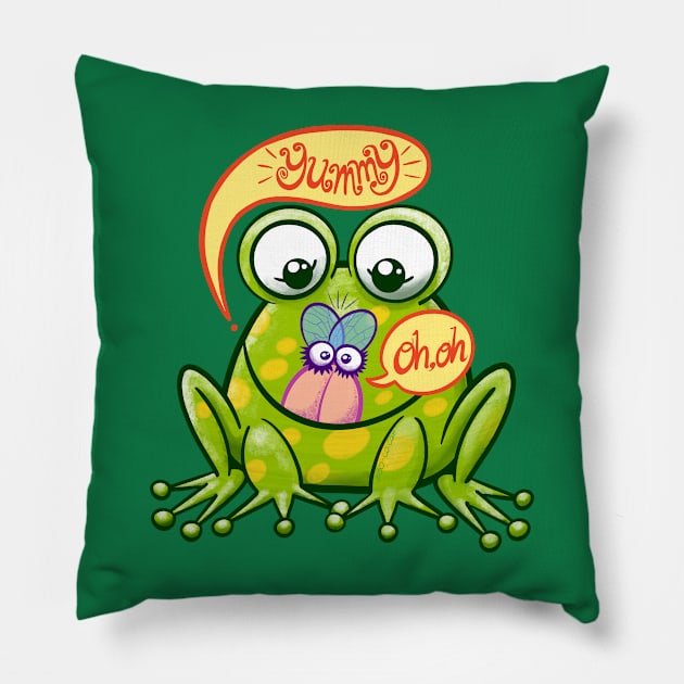 Mischievous green frog hunting a worried housefly in cute scene Pillow by zooco