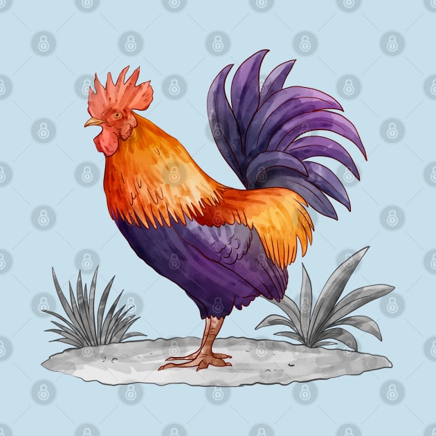 Hand Drawn Cock Watercolor by Mako Design 