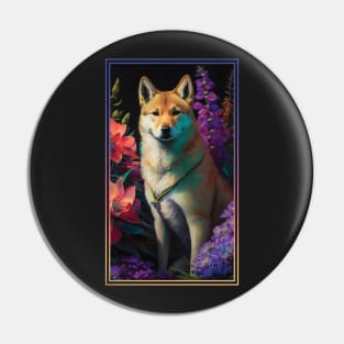 Jindo Dog Vibrant Tropical Flower Tall Digital Oil Painting Portrait 2 Pin